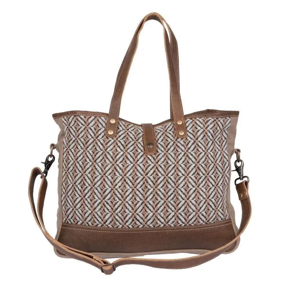 Myra Bag Handmade Exquisite Weekender Bag Upcycled Canvas & Cowhide Leather